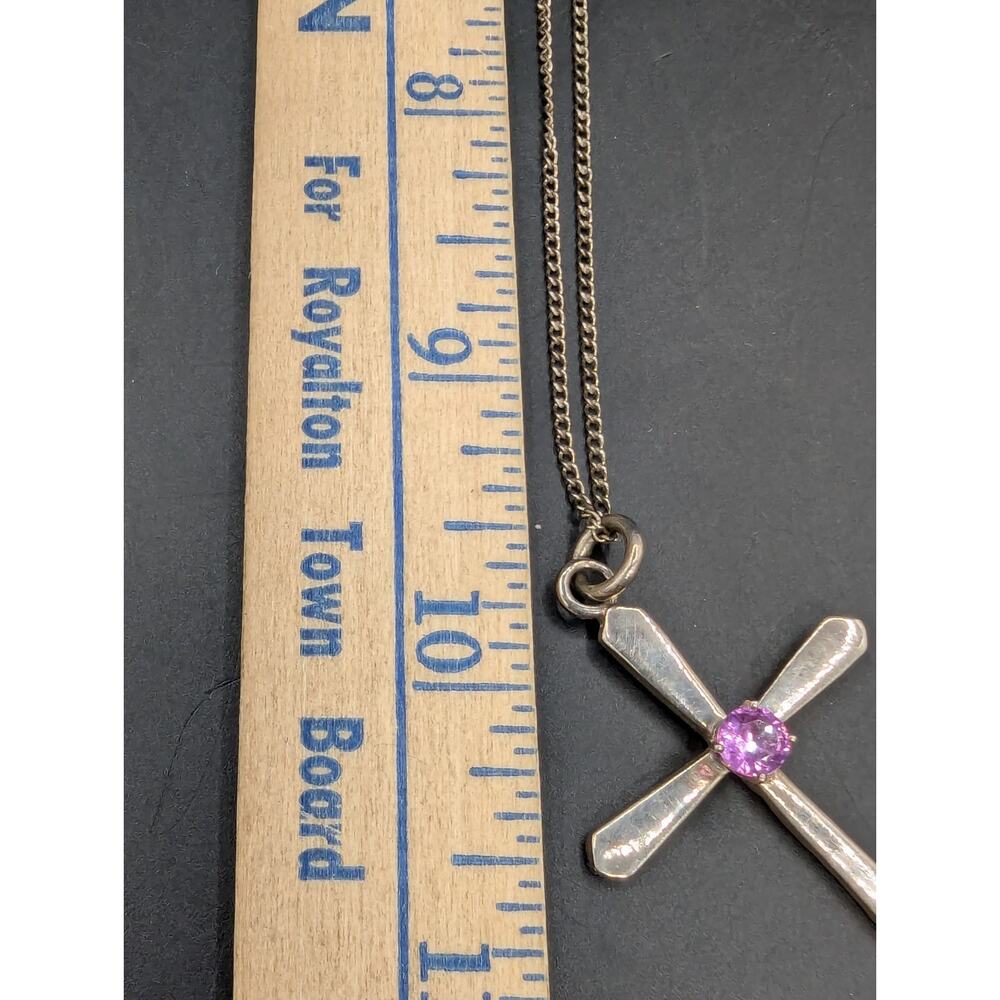 Vintage Art Deco Style 925 Pink Stone Cross Pendant Necklace Red UV Glows - Picture 11 of 12